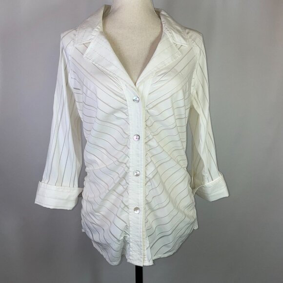 Farinaz Taghavi Ruched Blouse Size 12 White Sheer Stripes Abalone Button Down - Picture 1 of 9